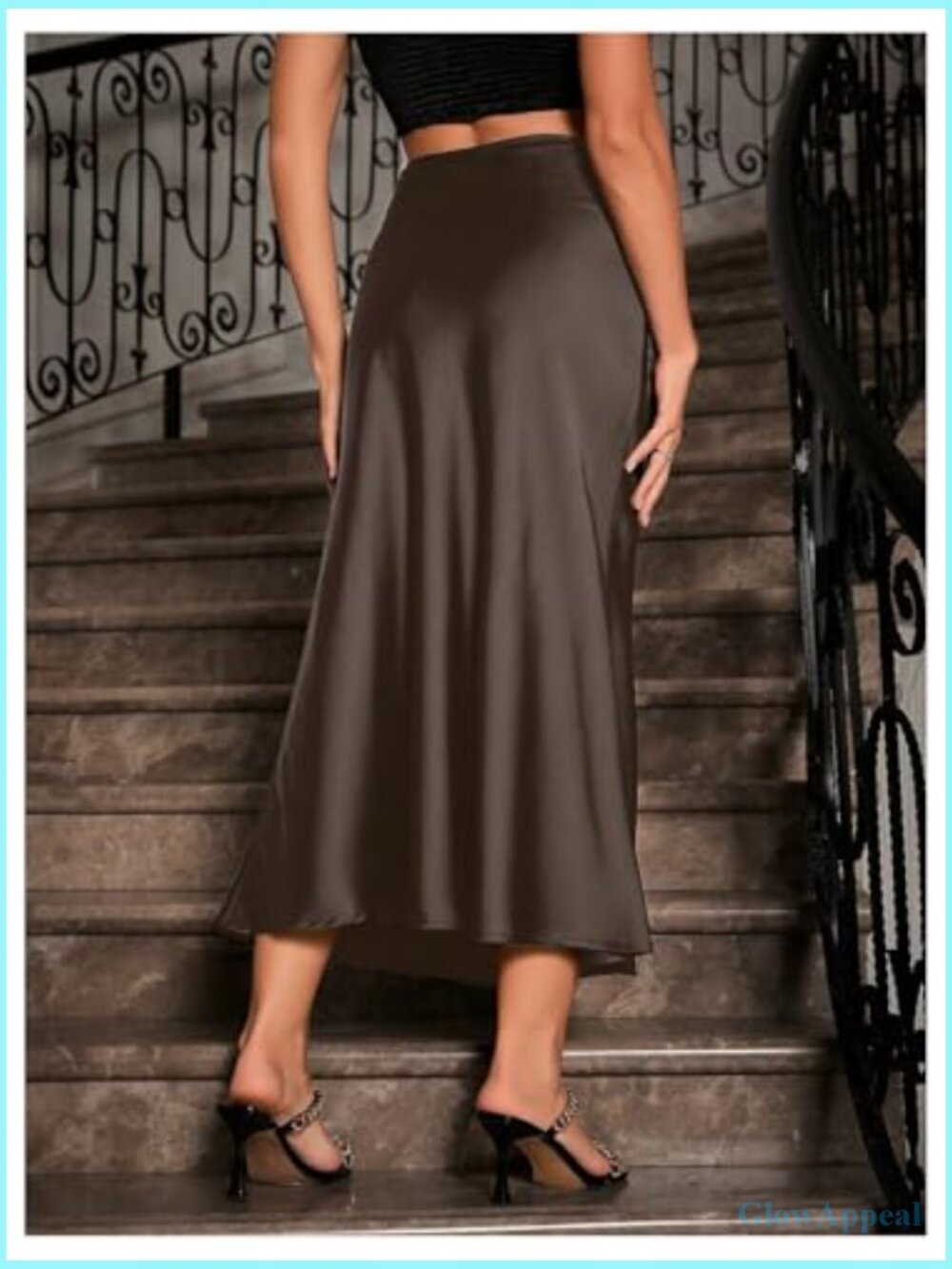 High Waisted A-Line Satin Skirt with Side Zipper, Midi Long - Picture 2 of 5